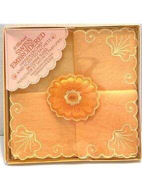 VTG Swiss Embroidered Handkerchief St Michael Scented Sachet Cotton Peach READ